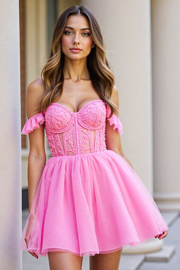 Off The Shoulder Pink Corset Appliqued Homecoming Dress